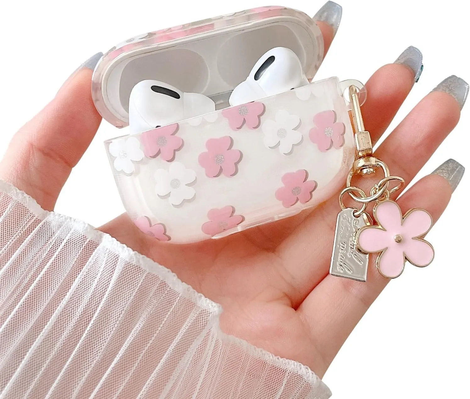 Pink and white flowers Cover For AirPods Pro 2 3 Cute Glitter Flower Pendant Earphone Case For Apple AirPodPro Headphone Keyring