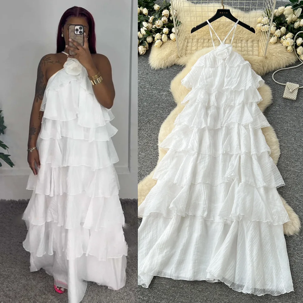

Long Dress Women Sling Dresses A Line Vestidos Ruffles Halter Y2k Streetwear Sleeveless Floral Elegant Party Night Work 2026