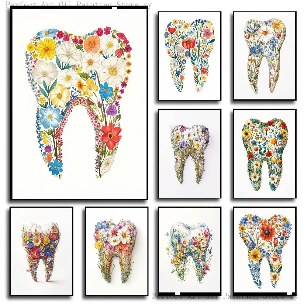 Colorful Flowers Tooth Drawing Poster Self-adhesive Art Room Entrance Restaurant Wall Decor Art Painting