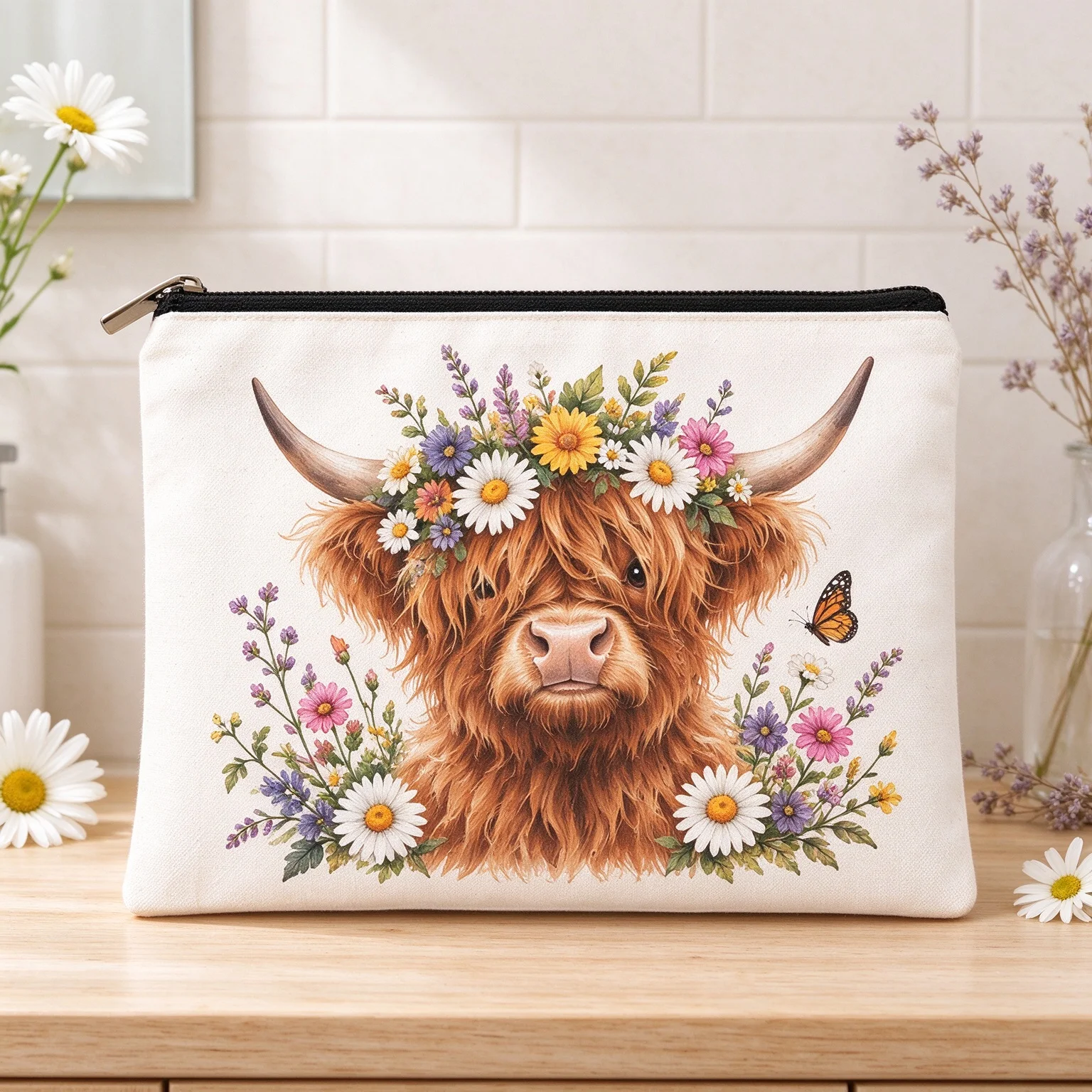 Highland Cow Wildflower Canvas Makeup Bag Zipper Cosmetic Pouch Farm Animal Travel Storage Purse Gift for Women