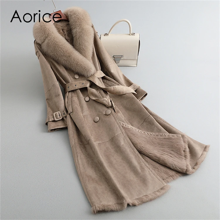 Aorice Winter Long Rabbit Fur Linging Coat Jacket Female Fox Fur Collar Coats Lady Over Size Parka Trench CT279