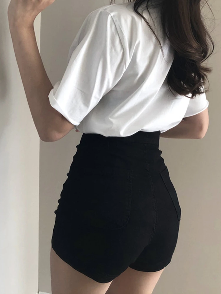 

Bla Denim orts с высокой талией. Женские узкие шорты трапециевидной формы. Летние модные прямые брюки против морщин.