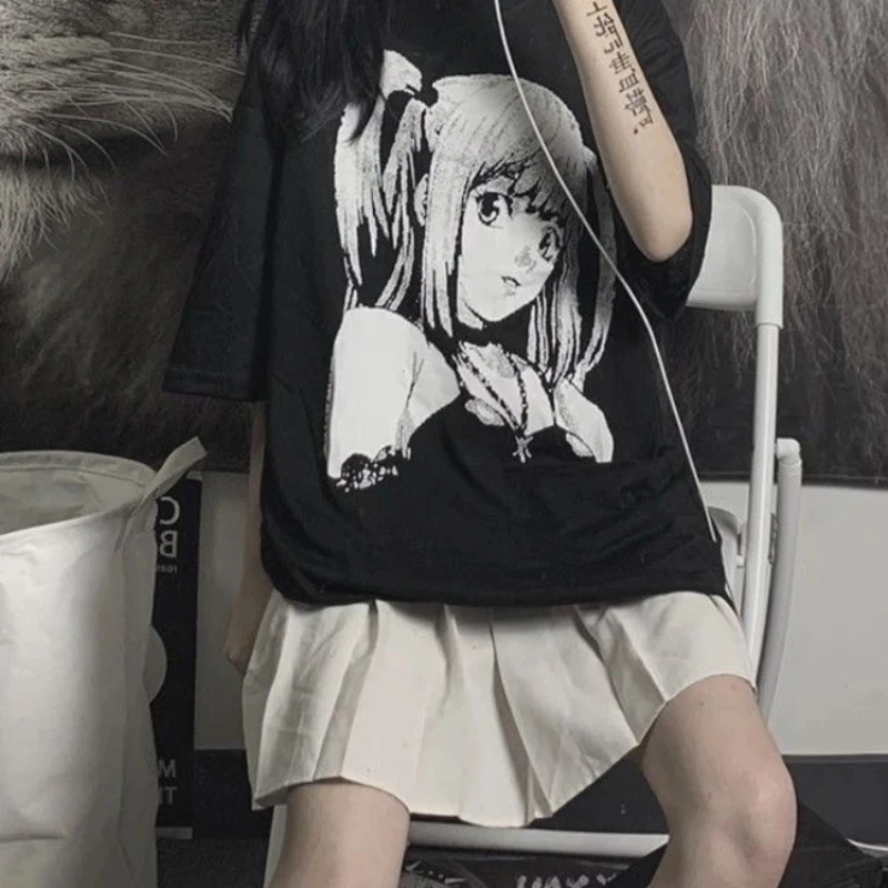 Japan Style Grunge E Girl Top Mujer Anime Print T-Shirts Women Black Goth Graphic Tees 2022 Summer Alt Clothes Punk Chic