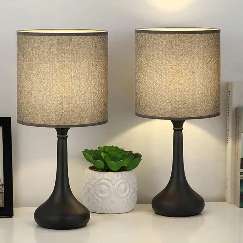 Bedside Nightstand Table Lamps, Modern Black Metal Base with Grey Linen Lampshade Desk Lamp, Small Lamp Set of 2 for Living Room