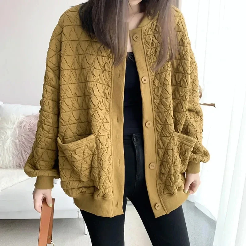 Lattice Women's Sweatershirt Cardigan Coat Spring New Korean Loose Skinny Oversize Versatile Baseball Jacket Top B333