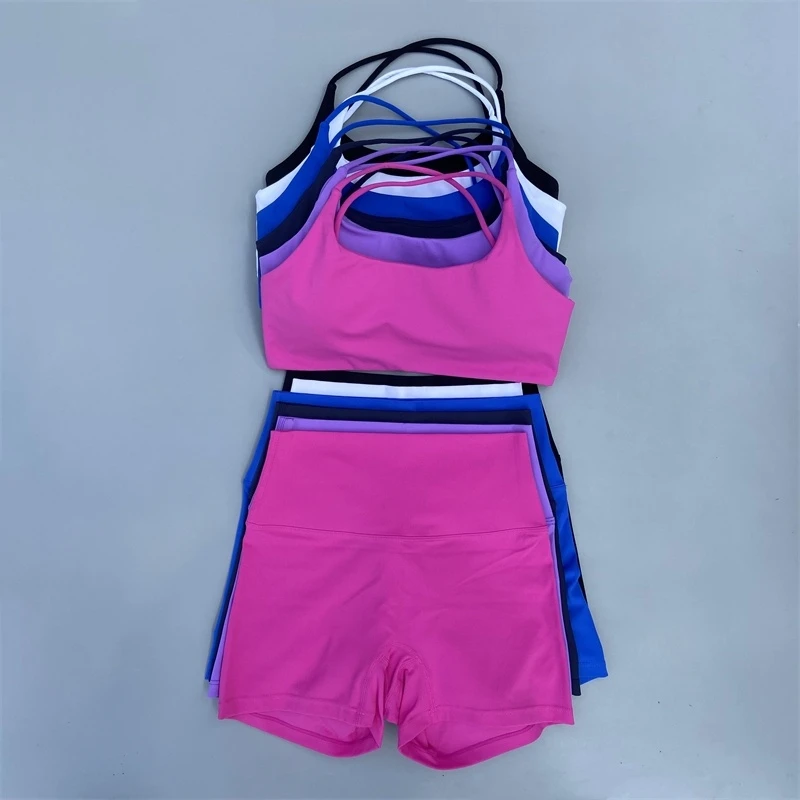 Solid Color Yoga Set Women Gym Sports Suit Workout Outfit Set 2 Piece Cross Back Fitness Bra High Waist Shorts Running Tracksuit