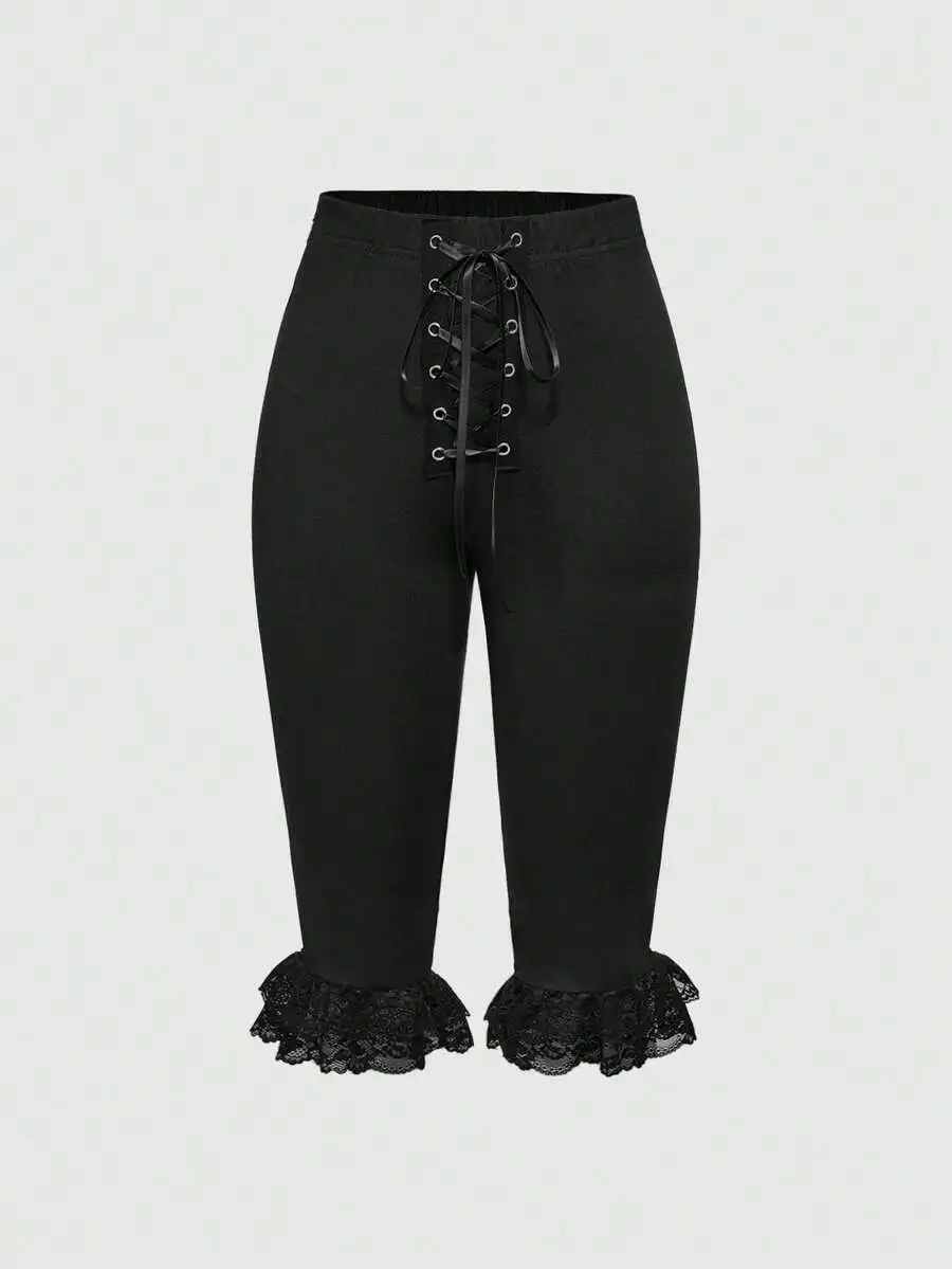 

Black Lace Trim Capri Pants with Front Lace-Up Detail