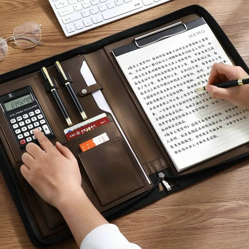 Multifunctional Portafolio A4 Conference Folder Calculator Business Padfolio PU Leather File Folders High Quality