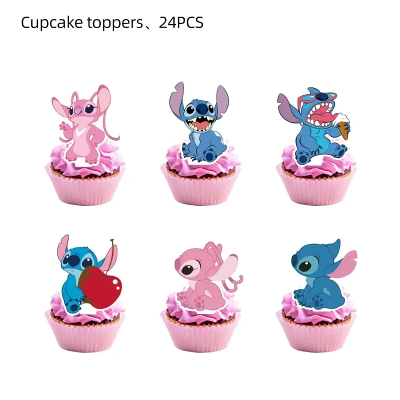 Disney Pink lnterstellare Stitch Angel Birthday party decoration Balloon Cake Flag posate Plate forniture per feste