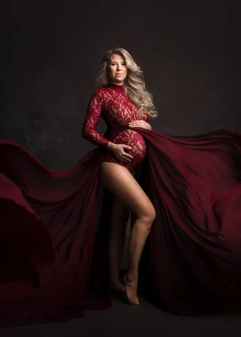 Boutique Maternity Lace Bodysuit with Removable Chiffon Skirt Gender Reveal Party Bump Friendly Maternity Dress for Photoshoot