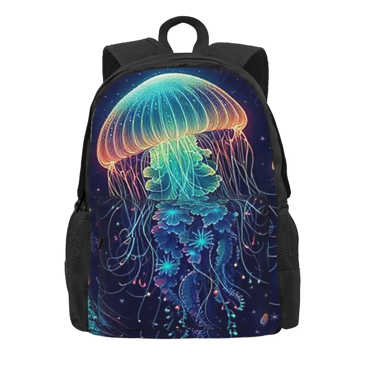 

Luminescent Rainbow Jellyfish On Navy Blue Backpack Daypack Large Capacity BookBag School Bag Shoulder Bags for Men Women