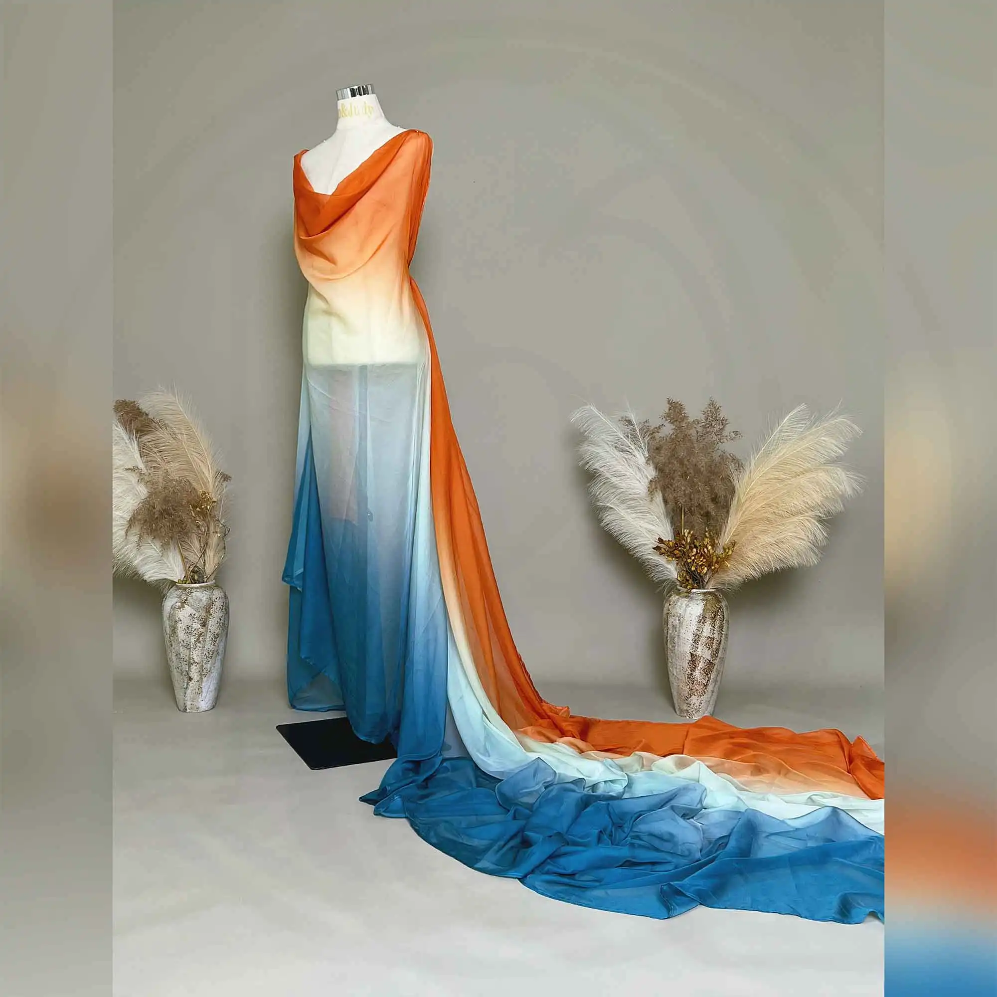 Don&Judy Gradient Orange to Blue Chiffon Maxi Dress with Draped Cowl Neck and Flowy Train for Elegant Occasion Event Photoshoot