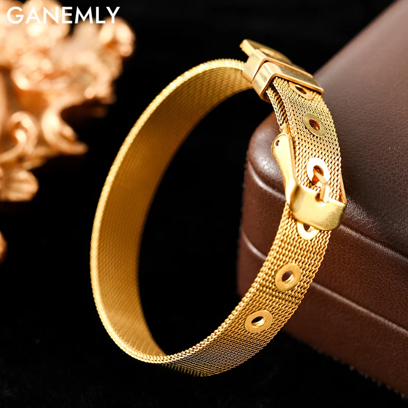 Ganemly 316l aço inoxidável cor de ouro relógio corrente larga pulseira para mulheres moda corrente de pulso à prova dwaterproof água jóias presente