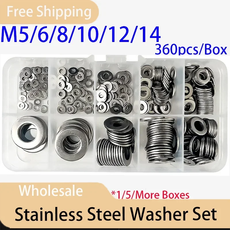 

360pcs/Box 304 Stainless Steel Washer Set Adjusting Shim Plain Gasket Assortment Kit Box M2 M2.5 M3 M4 M5 M6 M8 M10