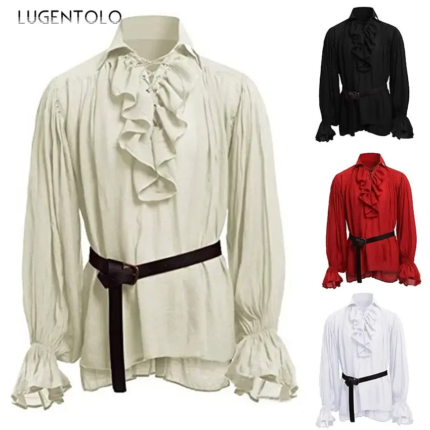 

Men Medieval Vintage Shirt Solid Party Costume Puffy Sleeve Top Lapel Laec-up Men's Court Pullover Spring Summer Thin Shirts