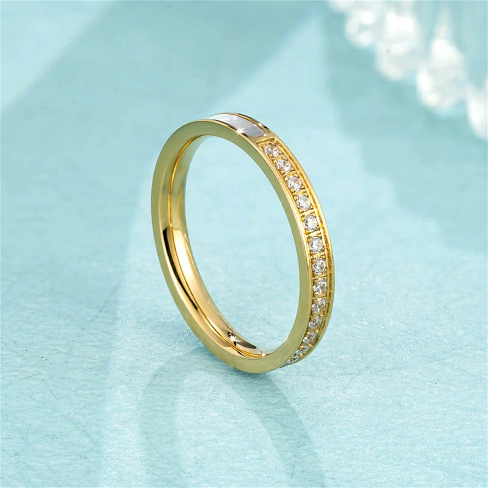 AILINFA New Zircon Stainless Steel 14K Gold Plated Ring Senior INS Niche Shell White Stone Ladies Attend Banquet Party Jewelry