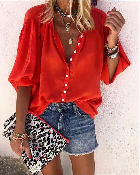 Loose Solid Color Long-sleeved V-neck Loose Button Ladies Shirt Summer Women\'s Blouse Explosion Models New Women Femme Blusas