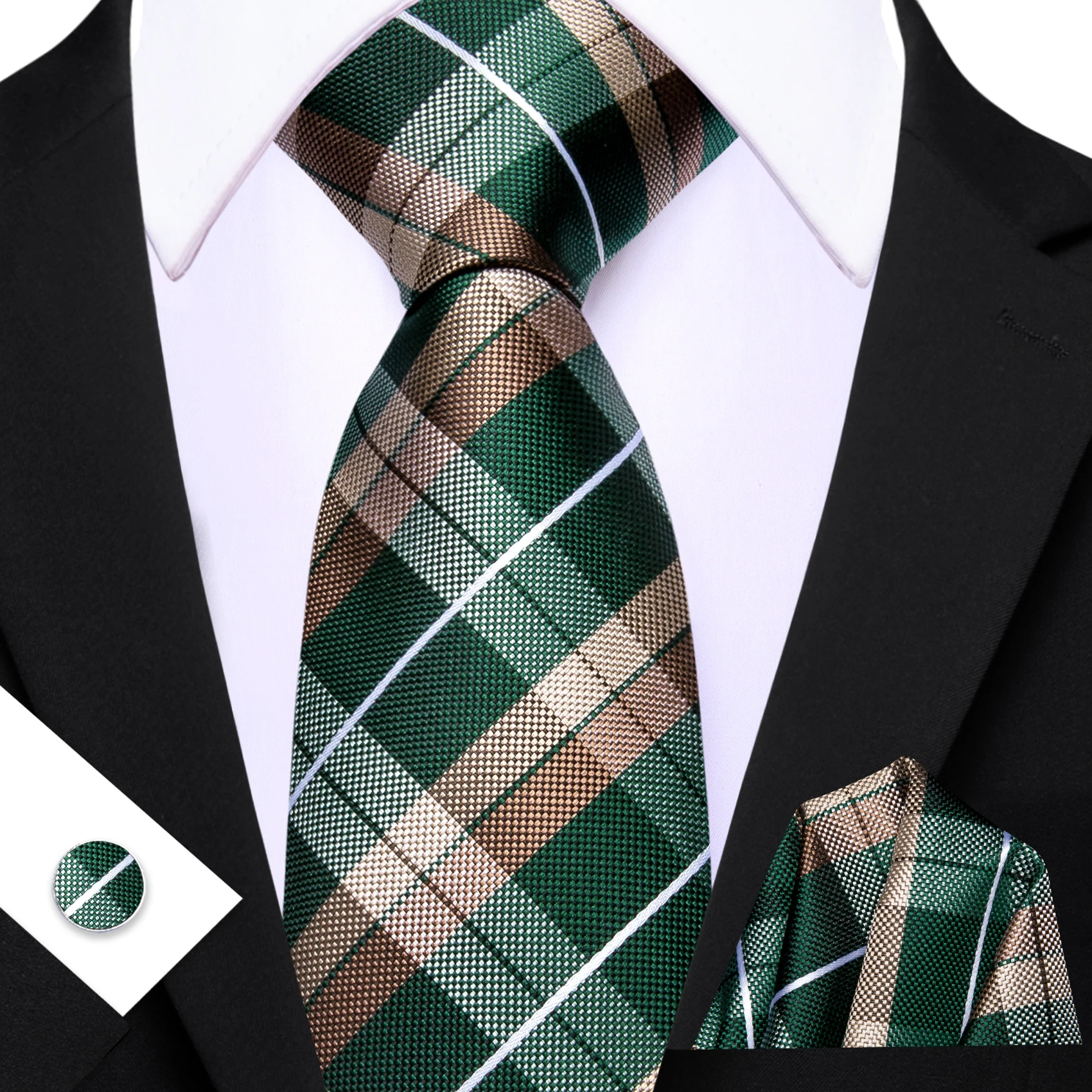 Men Plaid Tie Set Woven Necktie Pocket Square Cufflinks Classic Check 3 Pieces Formal Suit Accessory for Wedding Business Party