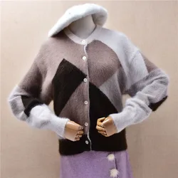 Ladies Women Autumn Winter Fashion Colored Hairy Mink Cashmere Knitted Long Sleeves Short Style Loose Cardigans Sweater Jacket
