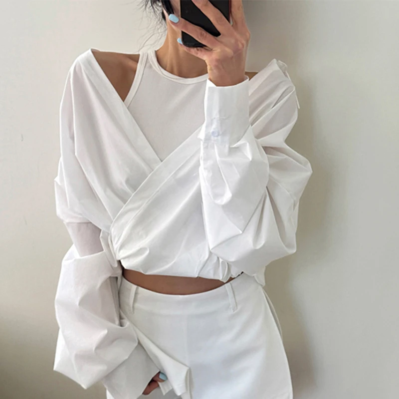 

MEXZT Cropped White Shirts Women Fashion Streetwear Patchwork Black Blouses Ladies Y2K Korean Long Sleeve Casual Design Tops New