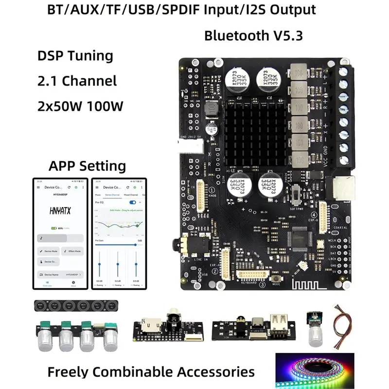 Y47A for DSP Tuned 2.1 Amplifier Board, 2x50W + 100W Subwoofer, App Bluetooth 5.3, WS2812 Effects, TF/USB/SPDIF/AUX Input, I2S