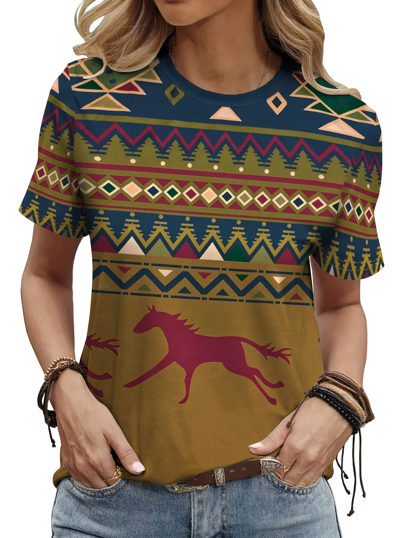 Women's T-shirt Round Neck Ethnic Geometric Running Horse Print Short Sleeve Casual Retro Summer Women Clothes