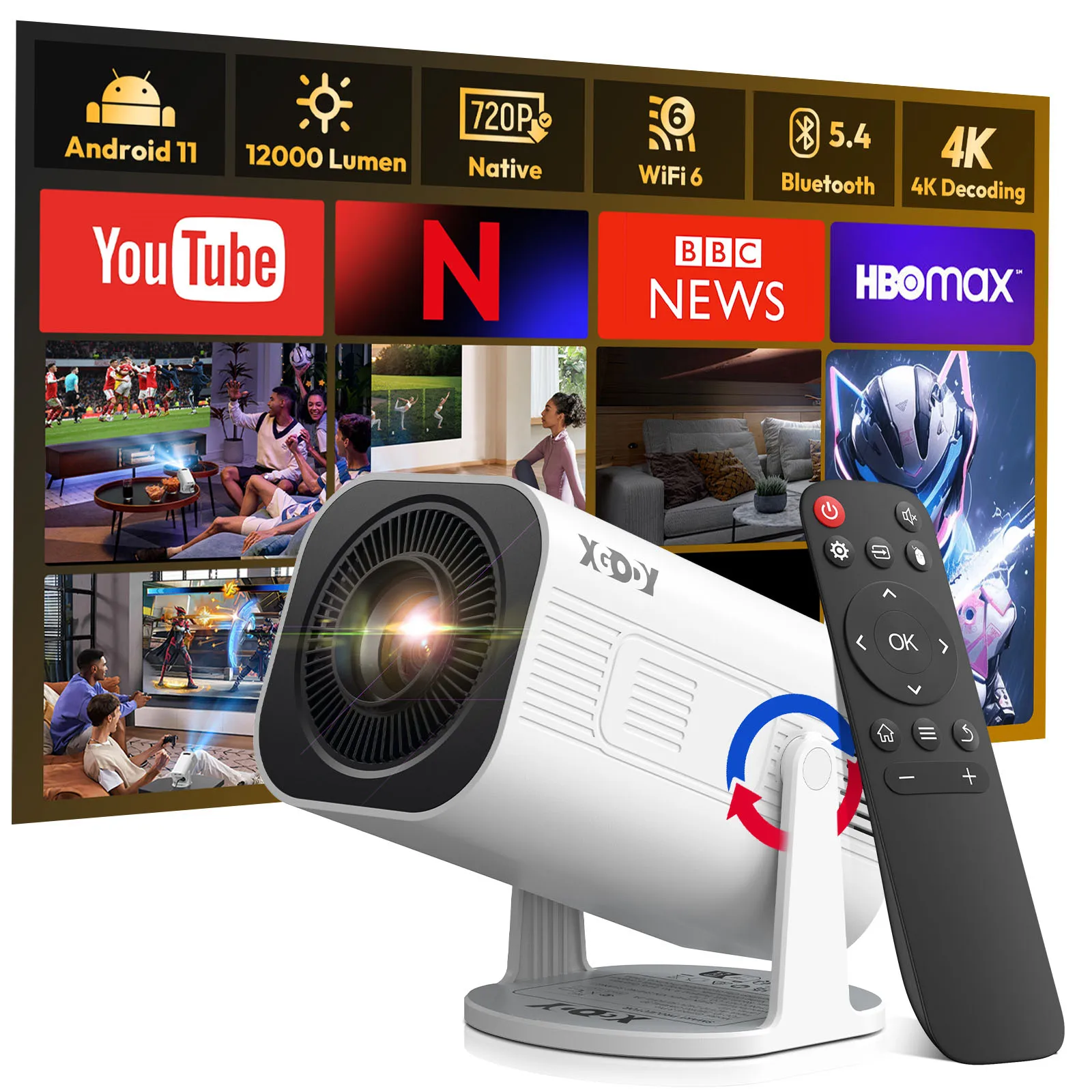 XGODY 4K Projector Android Mini Beamer 12000 Lumens Allwinner H713 Dual WIFI6 BT5.4 1280*720P Home Theater Outdoor Portable