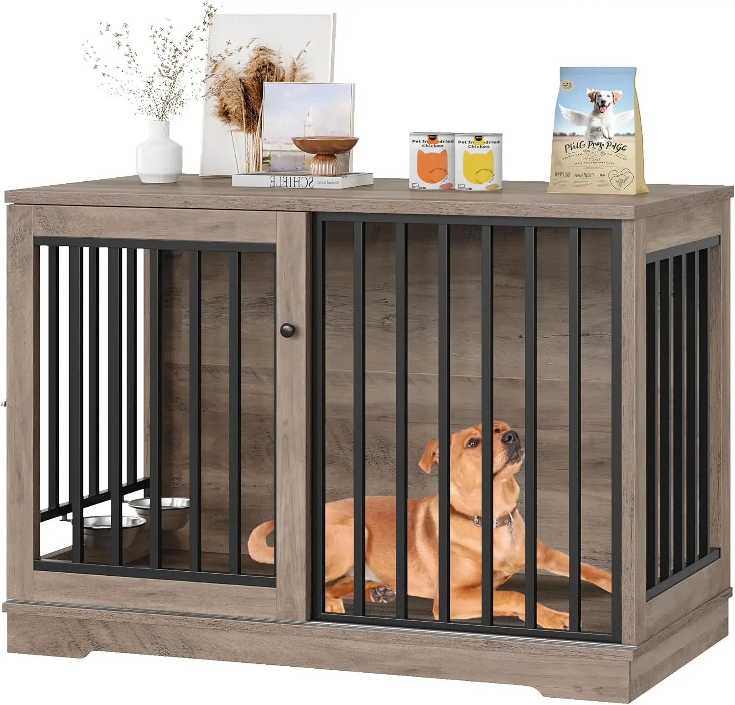 Dog Crate Furniture 47” Large Dog Kennel for Dogs Indoor Heavy Duty Dog Cage with Sliding Door and 2 SUS Bowls Wooden