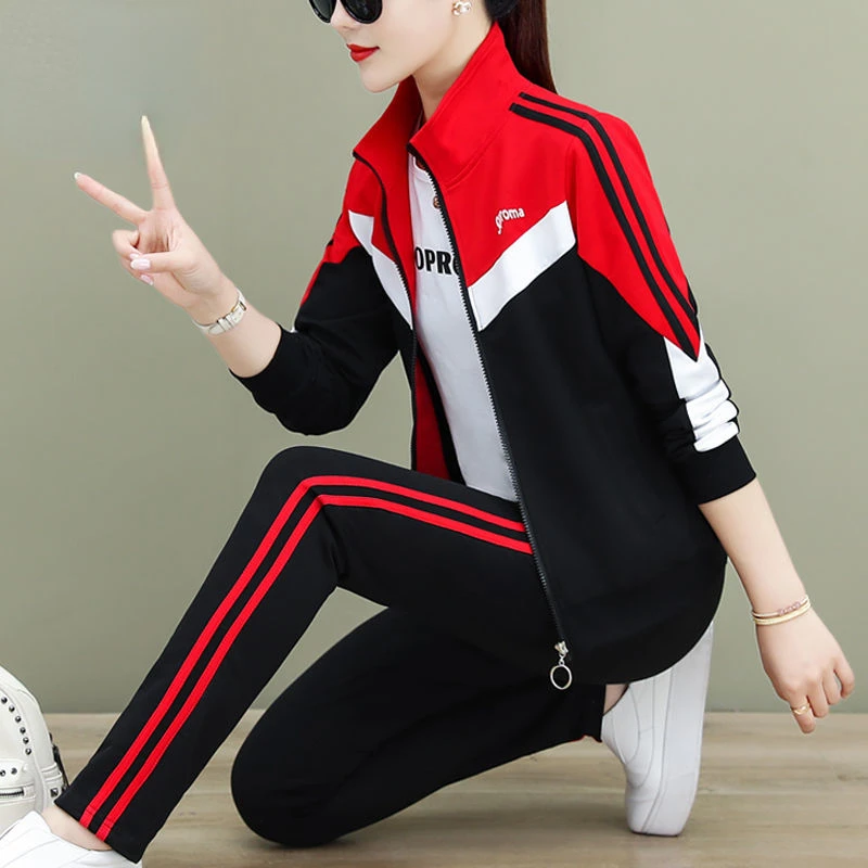 Stripe Sports Suit Women\'s Spring And Autumn 2023 Loose Coat Three Piece Suit Women\'s Fashion Running Casual Wear