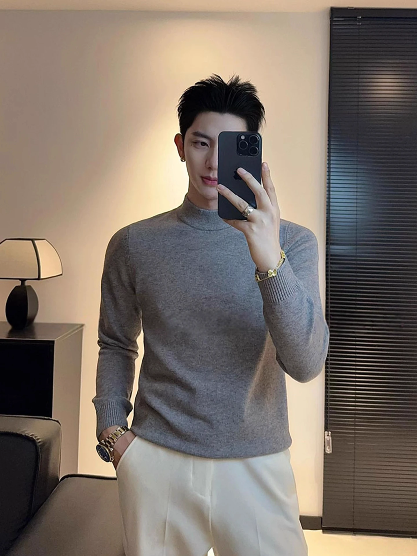 

Men's Casual Long Sve Knitted Sweater f High Collar Fce Lined Pure Color Autumn Winter Faionable Base Layer T-irt