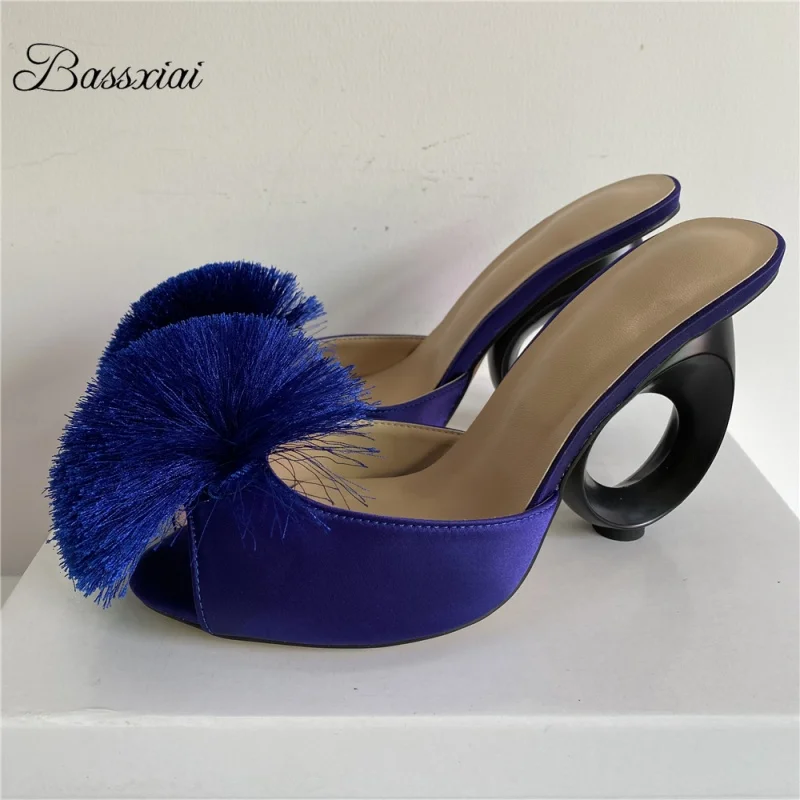 pompoms-flower-decor-sandals-women-luxury-satin-slingbacks-fretwork-circle-strange-heel-summer-shoes-for-girls