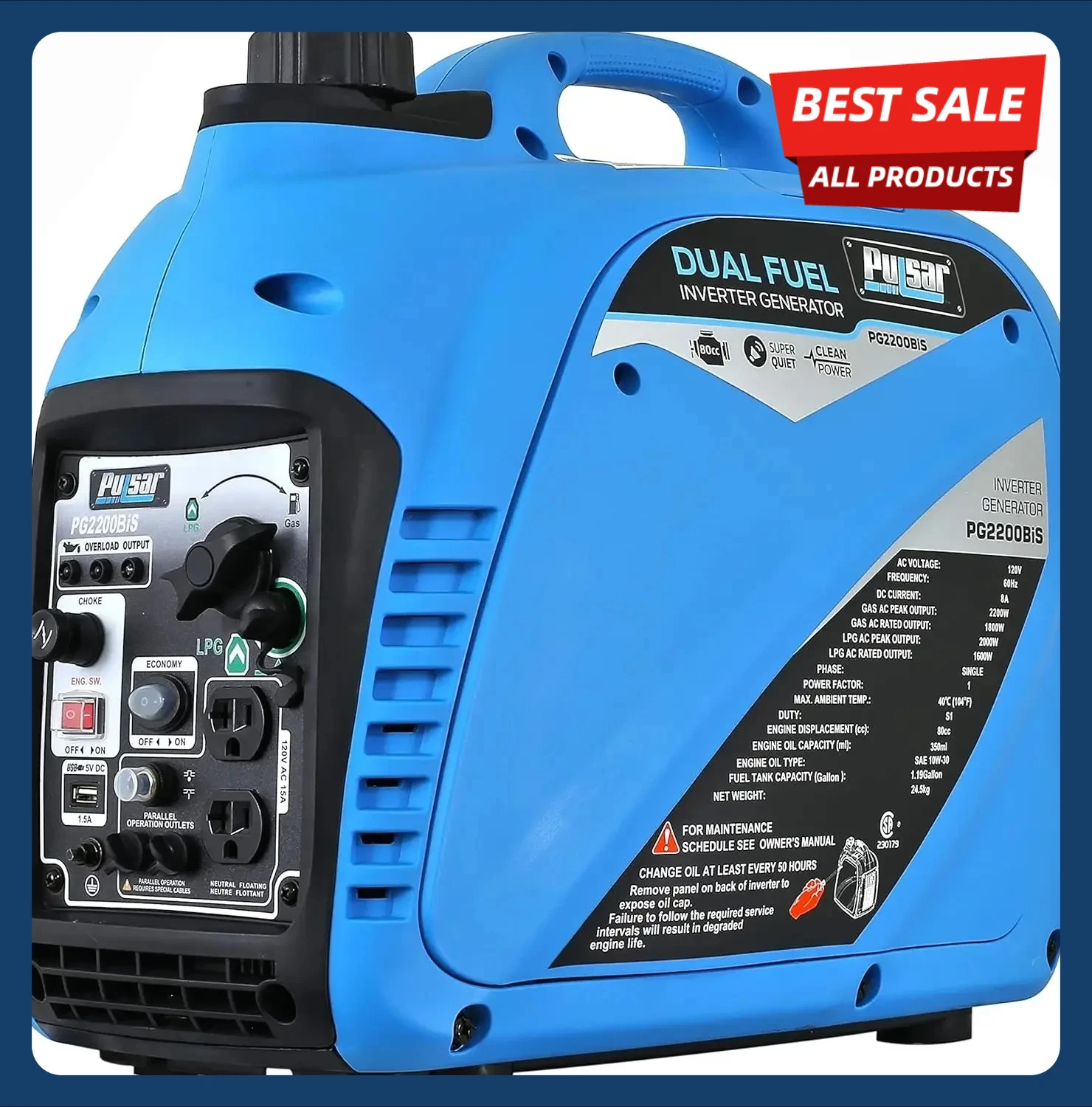 

[XMSJ-Limited Stock, Buy Now!]2,200W Portable Dual Fuel Quiet Inverter Generator with USB Outlet & Parallel Capability, CARB Com