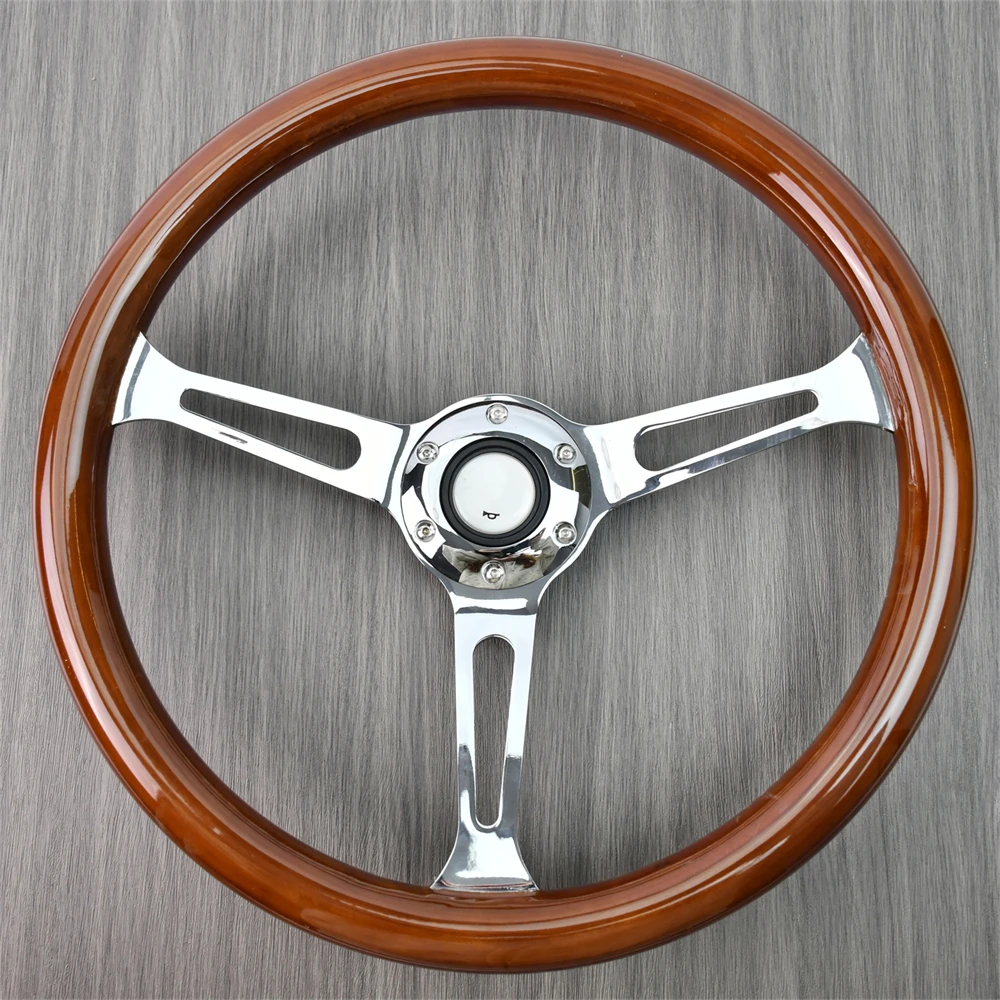 

Universal 380mm Solid Wood Steering Wheel 3 Spokes Electroplating Bracket Sports Drifting Steering Wheel for Premium Racing