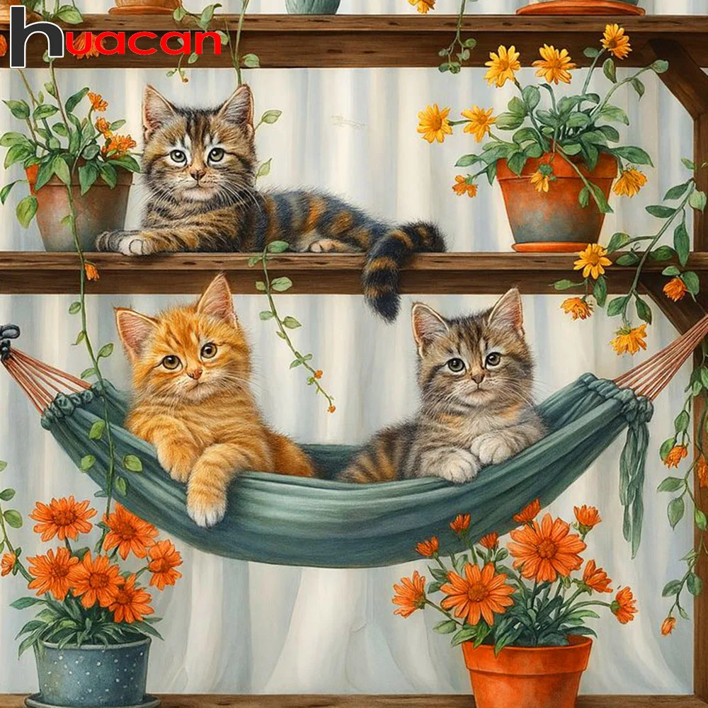 Huacan DIY Diamantmalerei Katzen und Gänseblümchen Diamant-Stickerei Tier- und Blumen-Motiv Komplettes Set Dekorative Gemälde