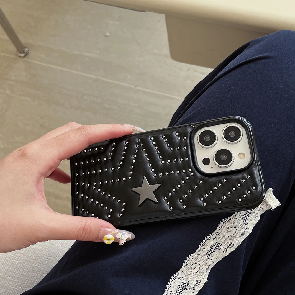 Modische Handyhülle mit silbernen Nieten und fünfzackigem Stern aus Leder, stoßfest, für iPhone 18 17 16 15 14 Pro Max 13, Schutzhülle – Detail 6