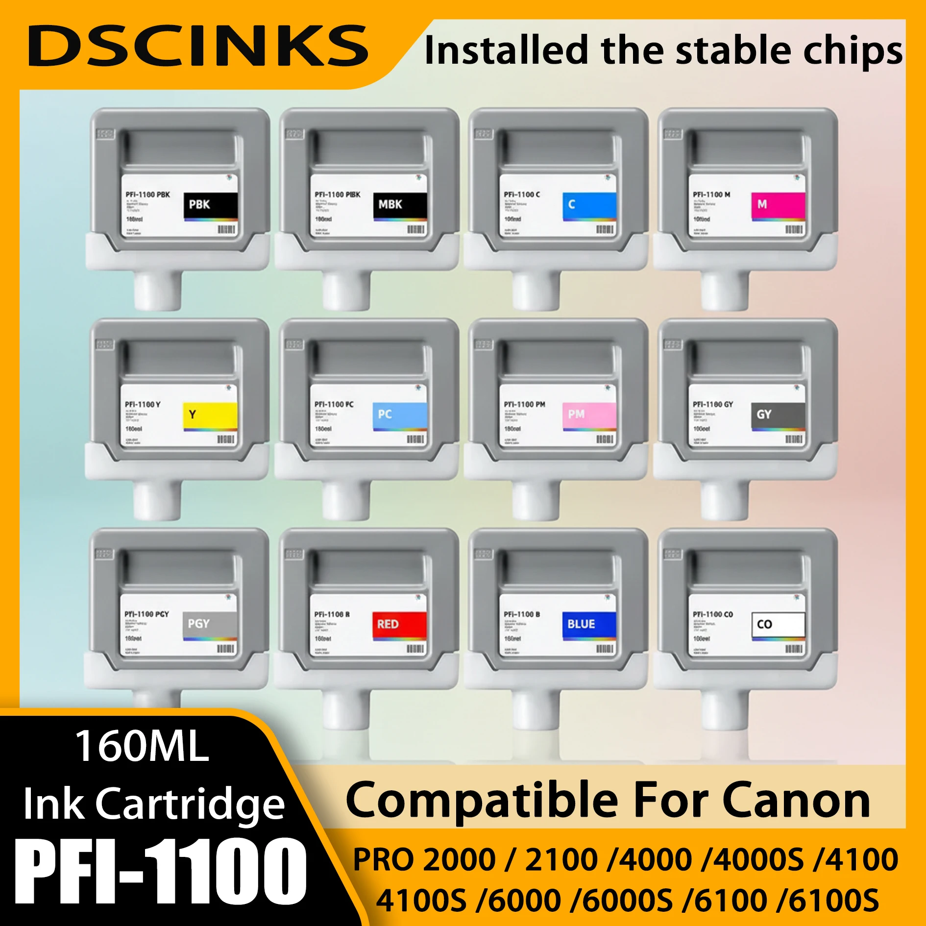 160ML PFI-1100 Compatible Ink Cartridge For Canon PRO 2000 4000 6000 PRO-6100 PRO-4000s PRO-6000s Printer With Pigment Ink Chip