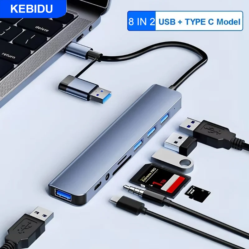Kebidu 8-em-2 hub usb 3.0 usb c hub dock station 5gbps transmissão de alta velocidade divisor usb tipo c para usb otg adaptador para pc