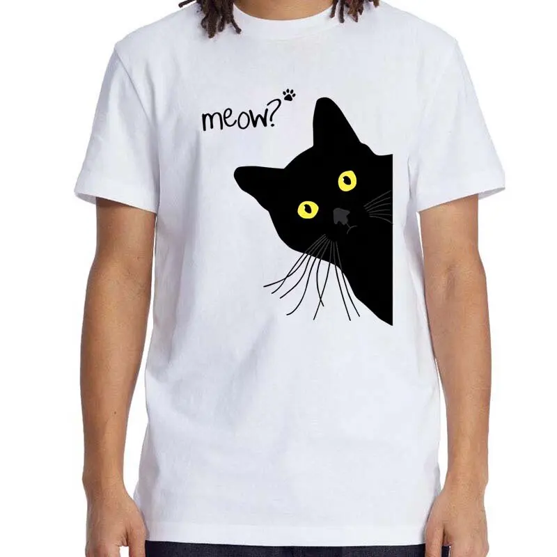 Meow Black Cat Funny Printing Men T-Shirts Tees Clothes Summer Streetwear Tops Male High Quality Loose Cotton Short Sleeve