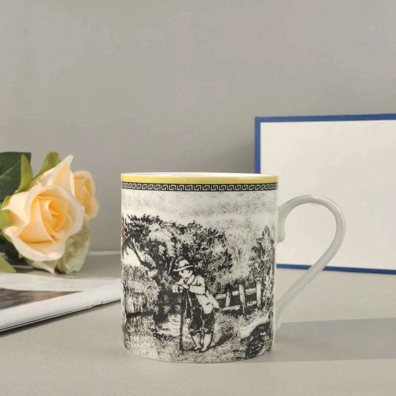 

Exquisite European Bone China Illustrated Western Dessert Plate Coffee Cup Saucer Mug Set Household Stylish Dinnerware