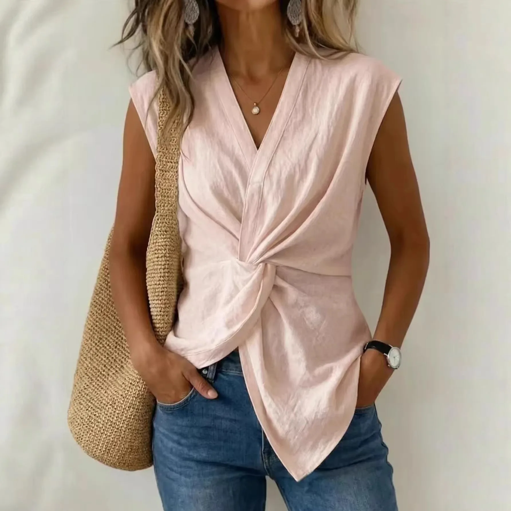 French Shirt Vest Women's Short Sleeve V-neck Knot High Quality Summer Fashionable Personality Pure Color Loose Fit T-shirt Vest