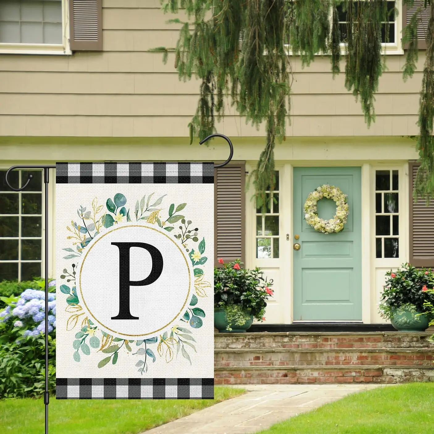 Louise Maelys Spring Monogram Letter P Garden Flag 12x18 Double Sided Burlap, Small Welcome Initial Family Last Name Personalize