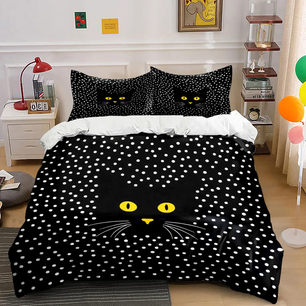 3Pcs Hidden Black Cat Yellow Eyes Polka Dot Duvet Cover Set, Minimal Black White Bedding with 1 Duvet Cover 2 Pillowcases,Gift