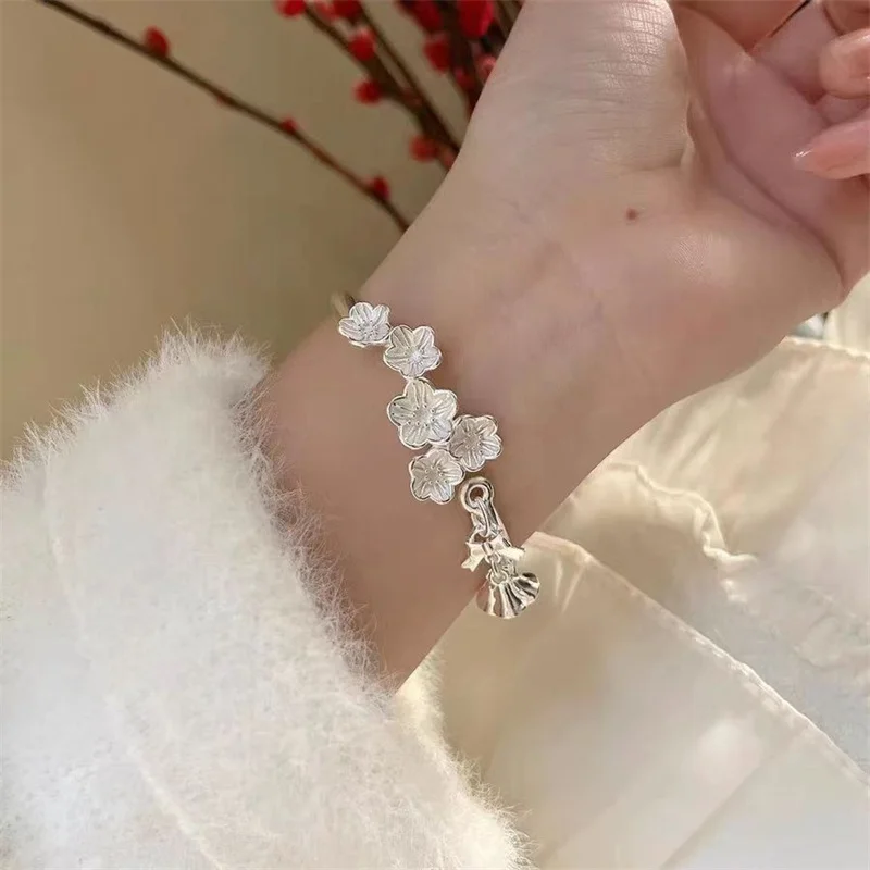 Elegant 3D Cherry Blossom S999 Sterling Silver Open Cuff Bangle For Ladies Bell Pendant Adjustable Wrist Jewelry