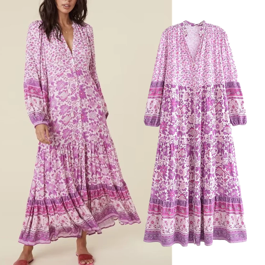 

Withered Bohemian Vintage Maxi Dress Rustic Cotton Loose Print Summer Dress Women