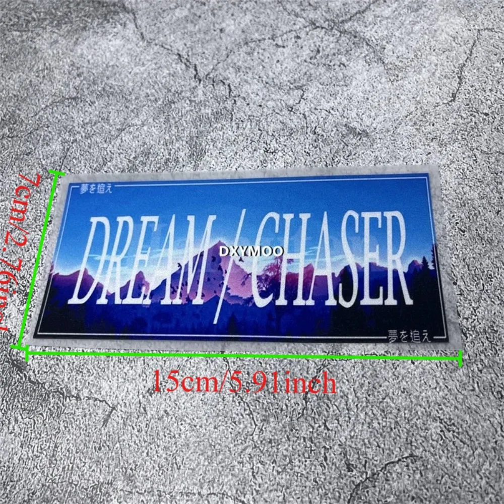 1PC Dream Chaser JDM Rectangular Decal – Waterproof Vinyl with Landscape & Text – Fits Car Windows, Helmets & Exterior