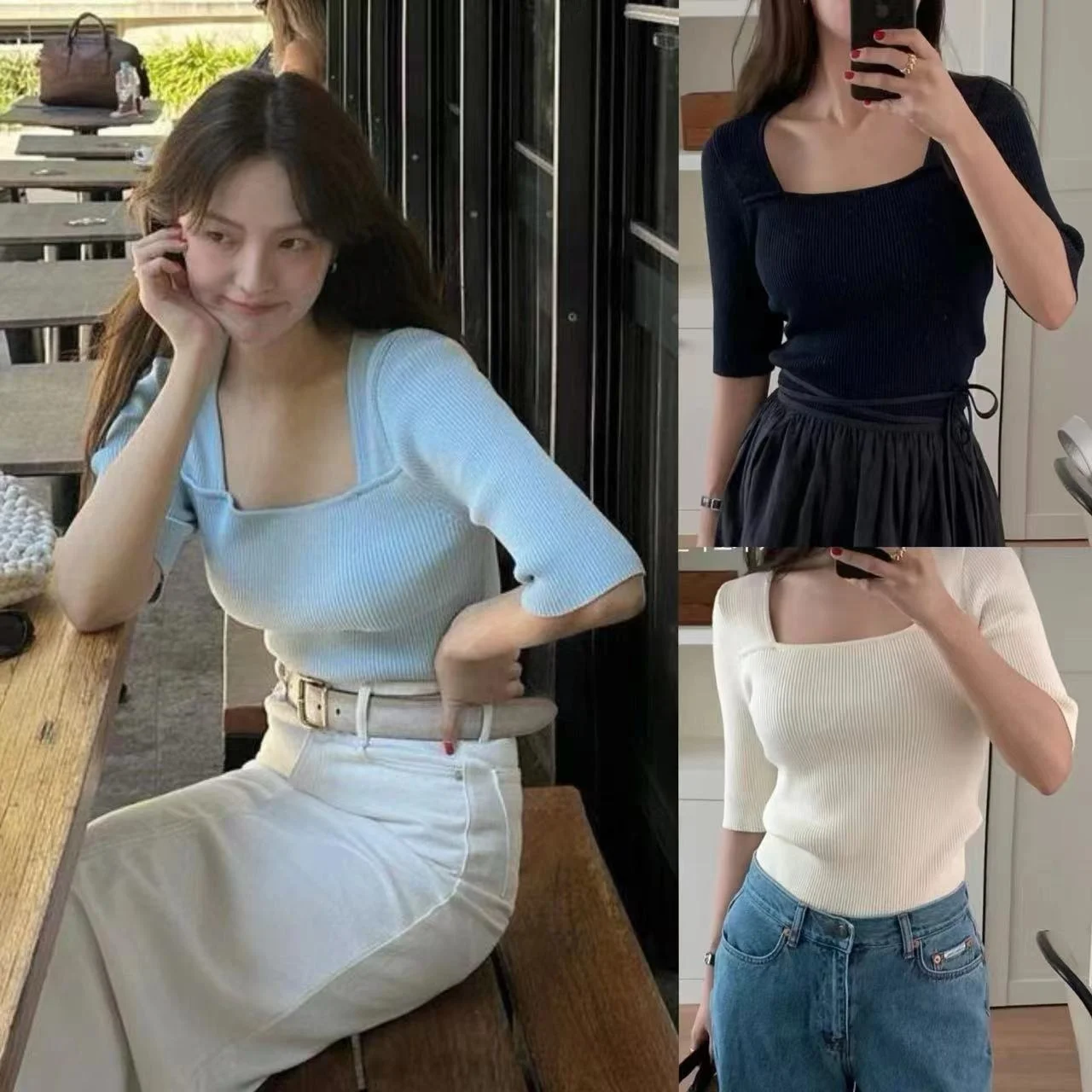 

Ele Square Collar ort Sve Вязаный свитер для похудения в вертикальную полоску Осенний женский свитер средней длины Чистый...