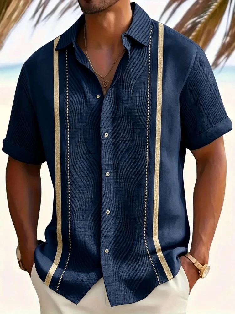 Men's Summer Boho Style Short Sleeve Shirt Geometric Striped Print Turned-Down Collar Sweater Vacation Beach Loose Casual Shirt