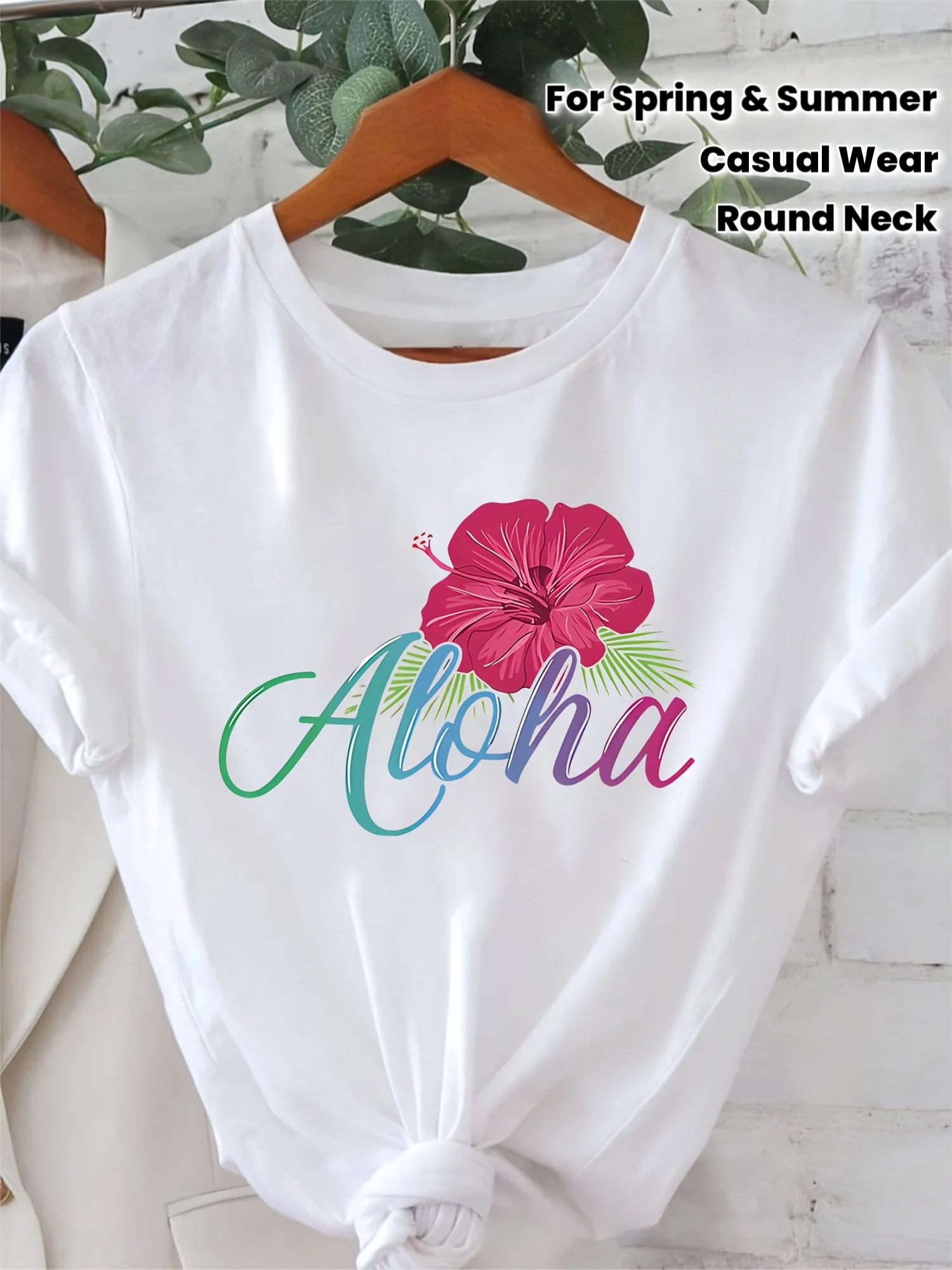 Hawaiian Style Aloha Hibiscus Print T-Shirt Women's Casual Round Neck Short Sleeve T Shirt Trendy Style Tops Clothes Female Y2k