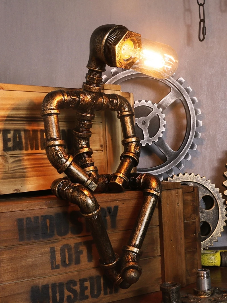 Retro industrial style loft decoration creative punk birthday gift coffee bar water pipe robot table lamp decoration