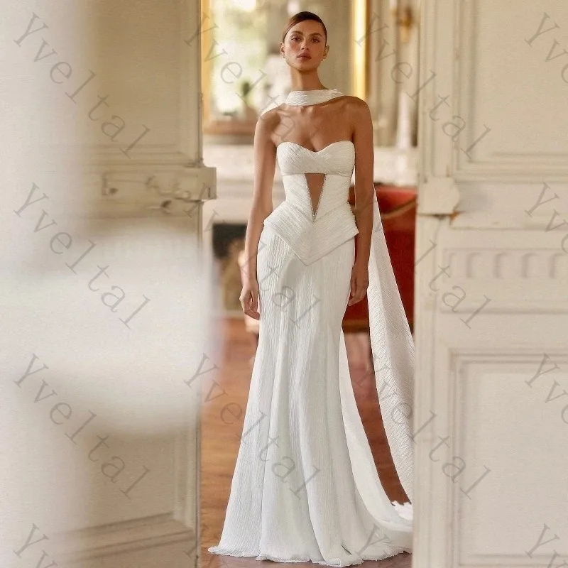 Customized Graceful Charming Temperament Pleat Mermaid Wedding Dresses Scarf Crystals Sleeveless Bridal Gown Lace-up Vestidos